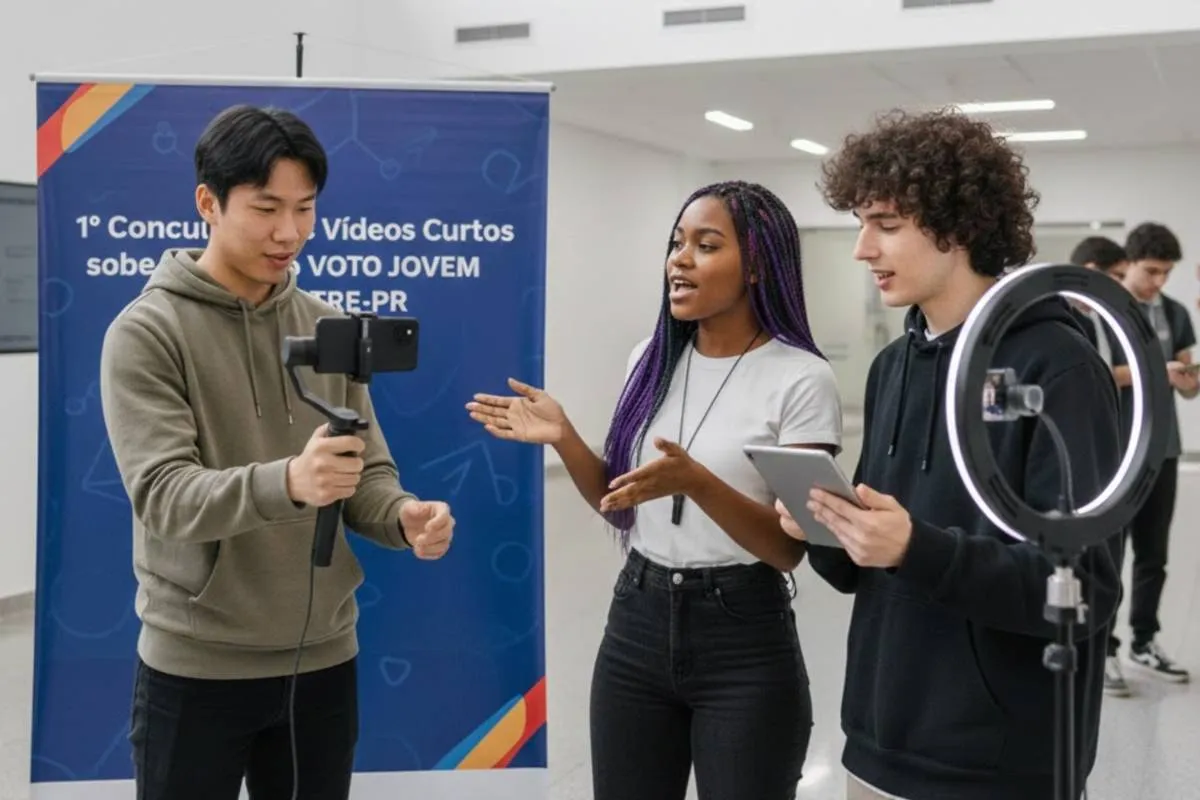Imagem mostra jovens gravando um vídeo no TRE-PR