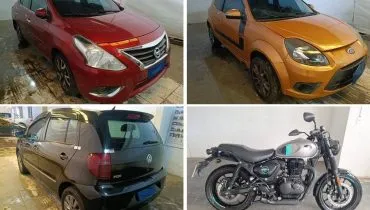 Imagem mostra uma montagem com três carros (Um Versa vermelho, um Ká laranja e um Fox preto) e uma moto.
