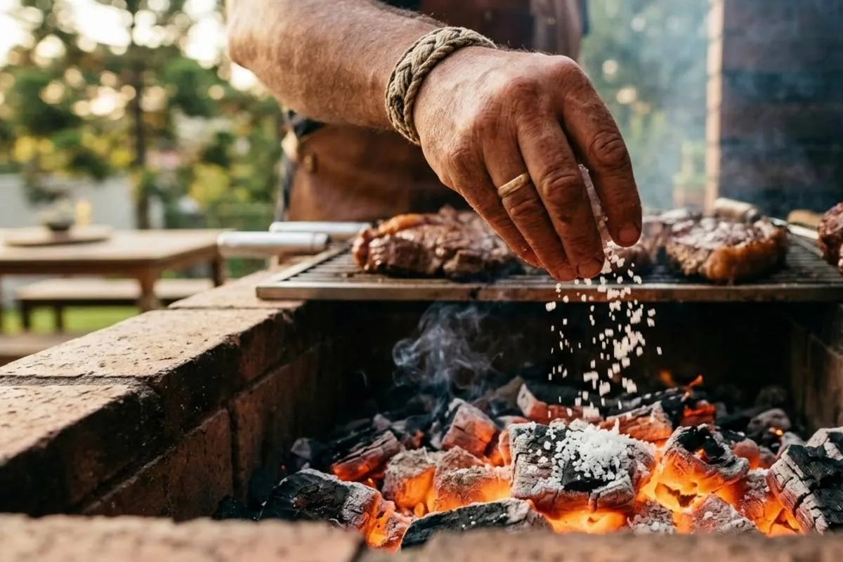 Fotografia em plano detalhe, com profundidade de campo rasa, focada na mão direita de um homem que usa um bracelete trançado e uma aliança dourada. Ele está polvilhando cristais de sal grosso diretamente sobre brasas de carvão em brasa, incandescentes e laranjas, dentro de uma churrasqueira de tijolos. Uma pequena nuvem de fumaça sobe do carvão. Acima da brasa, em uma grelha de metal levemente desfocada, há cortes de carne (picanha) grelhando e um espeto com carne ao lado. O fundo mostra um ambiente externo de quintal com árvores e uma mesa de madeira desfocadas pela luz natural do final da tarde. A iluminação é quente e destaca a textura do sal caindo e a pele da mão.