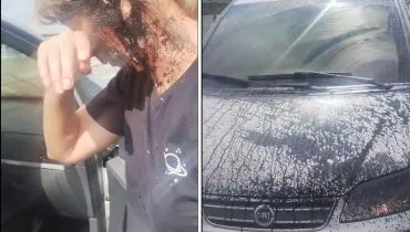 Imagem mostra uma mulher e um carro atingidos por piche na BR-277, no Paraná.