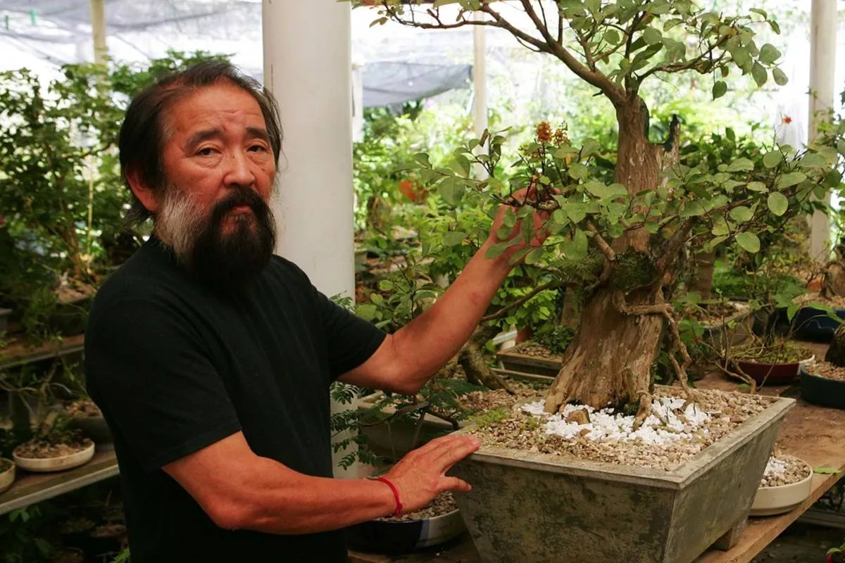 Imagem mostra um homem japonês ao lado de um bonsai. Ele é Claudio Seto. Ele tem barba comprida e está usando uma camiseta preta.