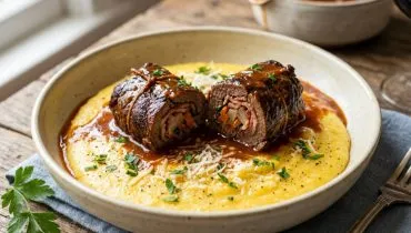 Imagem mostra uma saborosa polenta com um bife a rolê em cima.