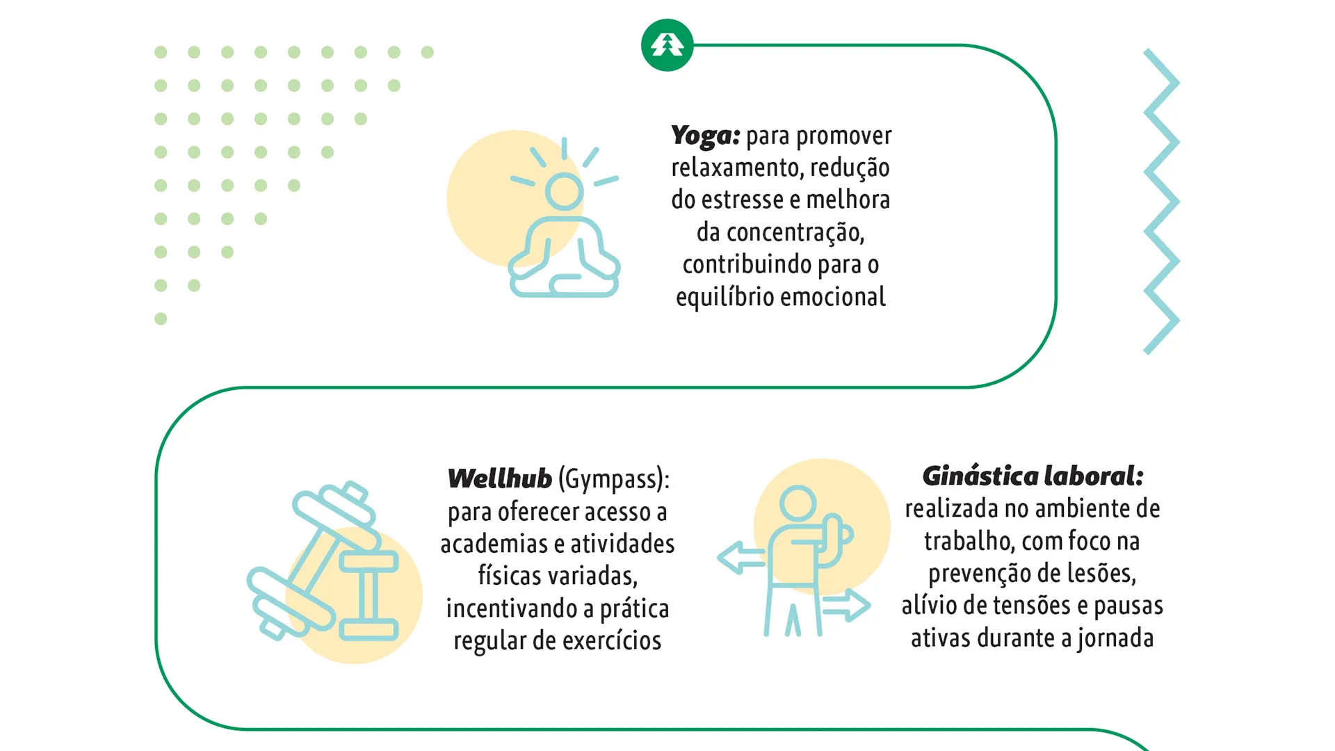 Pequenas pausas, grandes impactos. 
Iniciativas como atividade física, ergonomia e cuidado com a saúde mental mostram que o bem-estar no trabalho é construído no dia a dia — com ações que fazem a diferença na qualidade de vida e na produtividade