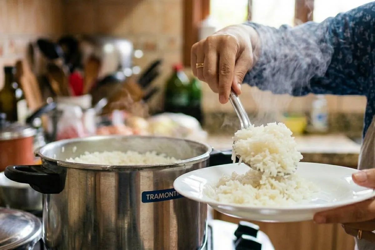 Imagem mostra uma pessoa se servindo de arroz em uma panela de pressão.