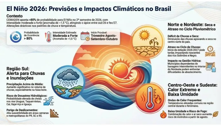 O infográfico apresenta as seguintes previsões baseadas nas fontes:
Região Sul: Destaque para chuvas acima da média, com riscos associados a deslizamentos e cheias de rios
.
Região Norte e Nordeste: Foco na seca e no atraso do período chuvoso, impactando a gestão de águas e o ciclo de rios como o Solimões e Negro
.
Região Central (Sudeste e Centro-Oeste): Ênfase em ondas de calor frequentes e baixa umidade, o que eleva o risco de incêndios
