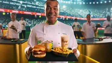 Imagem mostra o craque Cafu segurando uma bandeja com sanduiches do McDonald´s