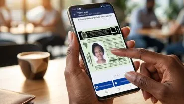 Imagem mostra uma mulher segurando um celular com a CNH digital aberta.