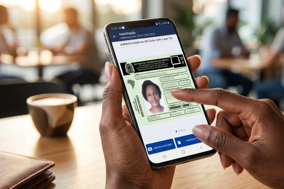 Imagem mostra uma mulher segurando um celular com a CNH digital aberta.