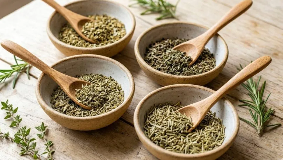Imagem mostra os ingredientes: alecrim, orégano, manjericão e tomilho em potes.