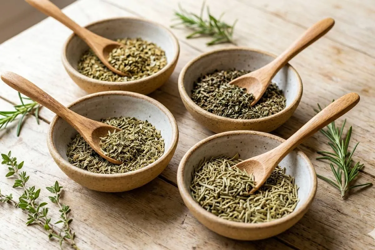 Imagem mostra os ingredientes: alecrim, orégano, manjericão e tomilho em potes.