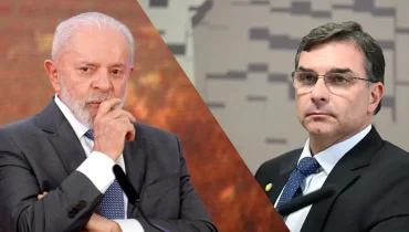 Imagem mostra Lula e Flávio Bolsonaro em uma montagem.