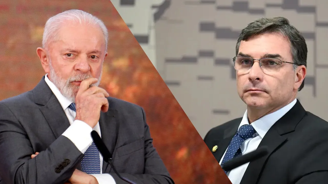 Imagem mostra Lula e Flávio Bolsonaro em uma montagem.