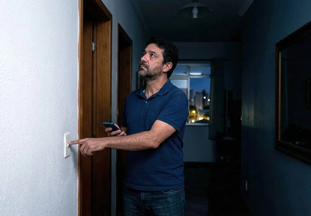 homem tenta acionar a luz de casa com o dedo num interruptor, mas está sem luz. Metade do ambiente esta escuro