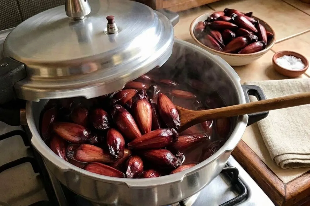 Imagem mostra como fazer pinhão na panela de pressão.