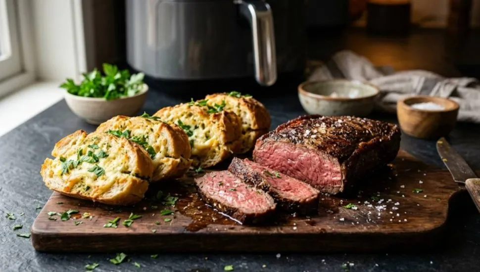 Fotografia de um Denver Steak fatiado ao ponto, com interior rosado e crosta dourada, disposto em uma tábua de madeira ao lado de fatias de pão de alho caseiro com queijo derretido e salsinha. Ao fundo, uma fritadeira elétrica (Air Fryer) cinza em uma bancada de cozinha iluminada pela luz do dia.