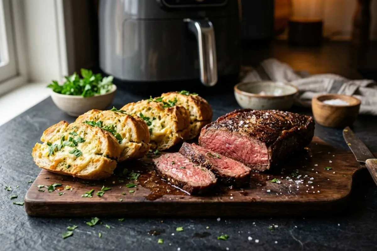 Fotografia de um Denver Steak fatiado ao ponto, com interior rosado e crosta dourada, disposto em uma tábua de madeira ao lado de fatias de pão de alho caseiro com queijo derretido e salsinha. Ao fundo, uma fritadeira elétrica (Air Fryer) cinza em uma bancada de cozinha iluminada pela luz do dia.