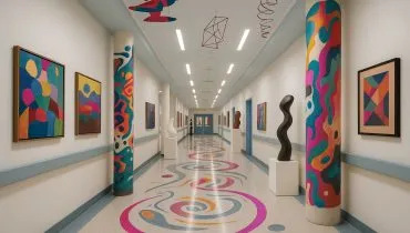 Imagem mostra corredor com vários quadros colorindo o lugar