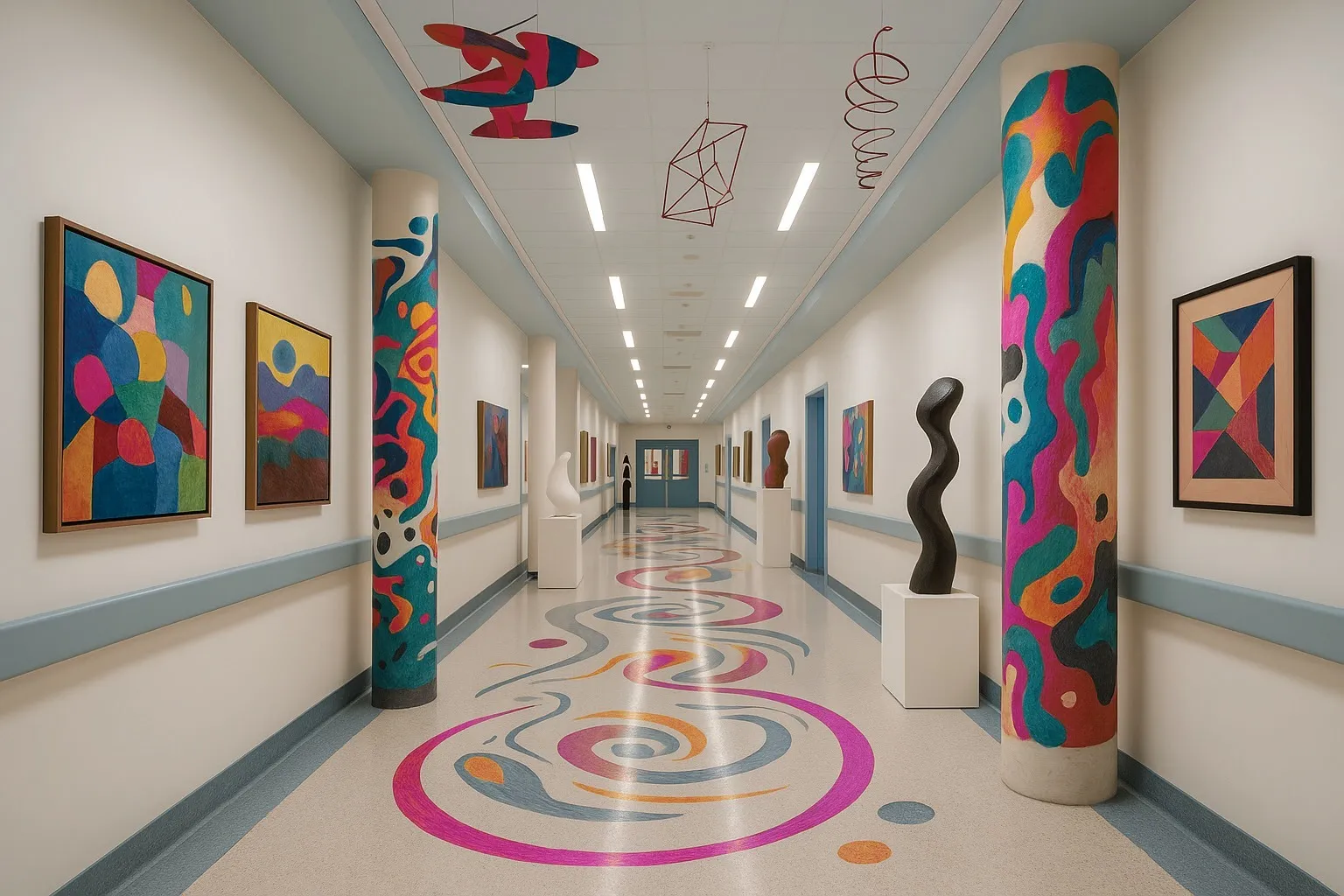 Imagem mostra corredor com vários quadros colorindo o lugar
