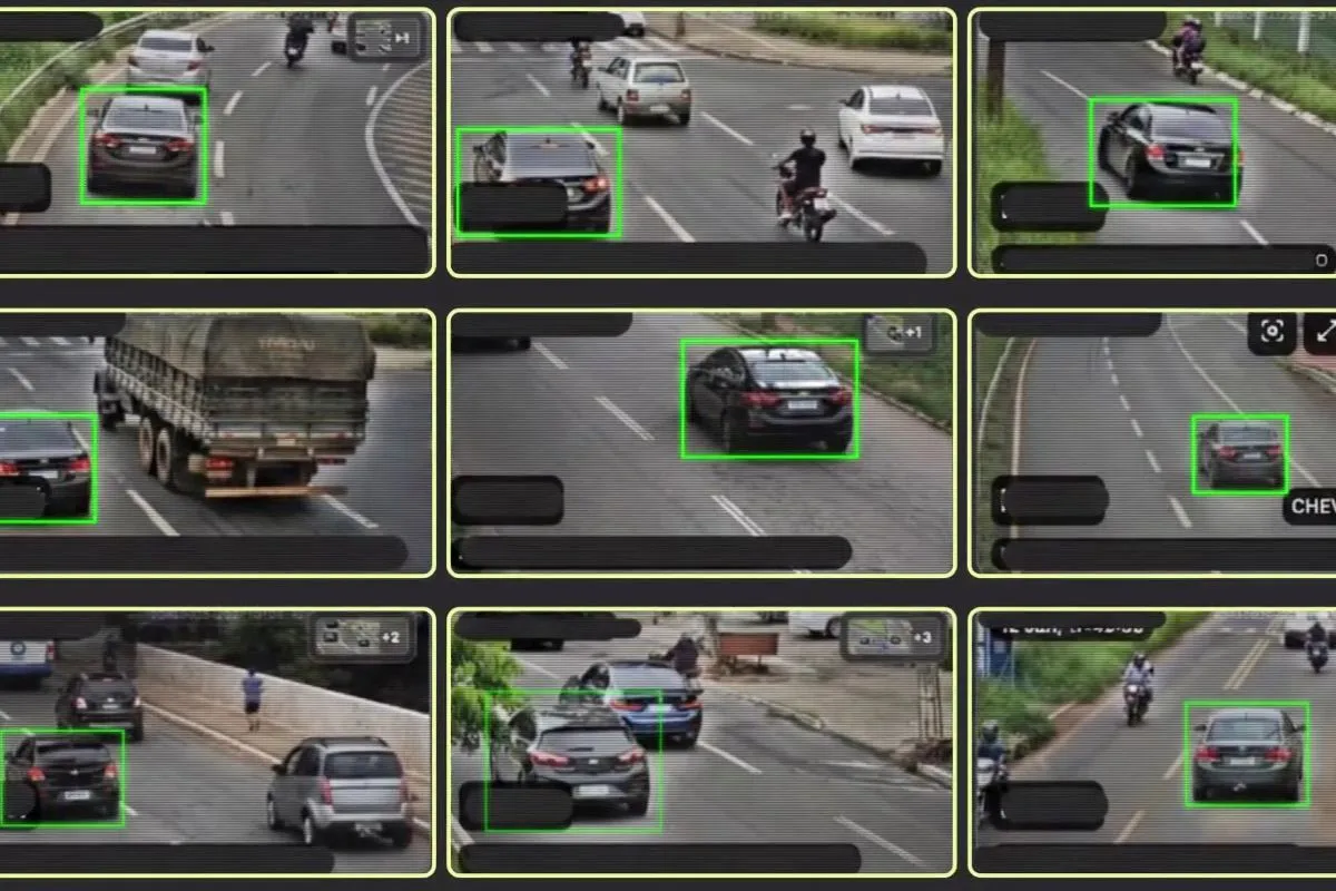 imagem mostra várias telas de monitoramento mostrando veículos