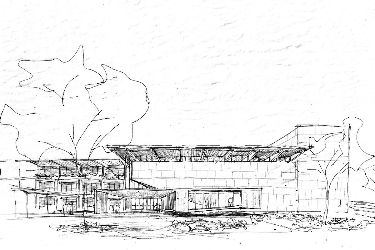 esboço em forma de desenho sobre como ficará o prédio da PUC destruído por incêndio.