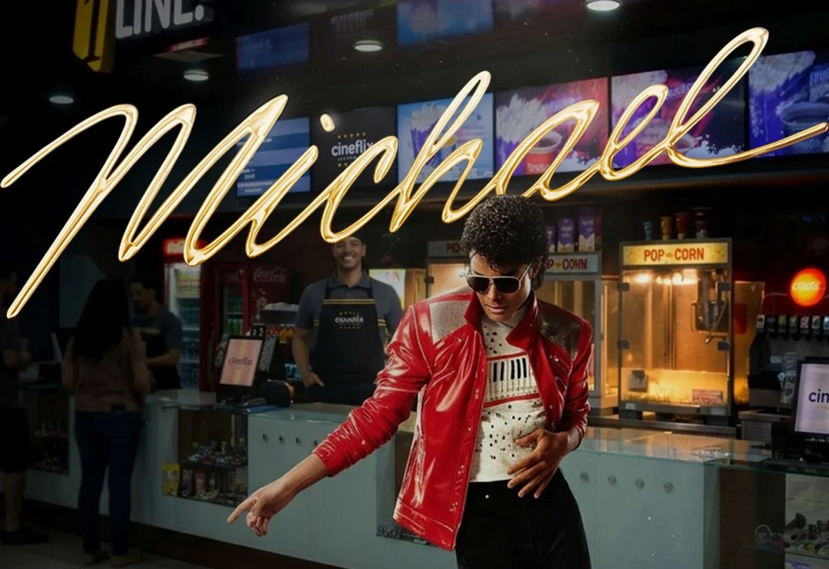 imagem mostra uma arte promocional com o ator que interpreta Michael Jacskson fazendo pose em frente a bomboniere de um cinema