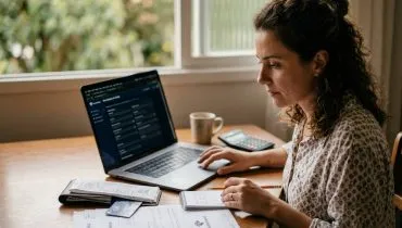 Uma mulher sentada em uma mesa de madeira, focada na tela de um notebook enquanto prepara sua declaração de Imposto de Renda. O ambiente é doméstico e iluminado por luz natural vinda de uma janela ao fundo. Sobre a mesa, além do notebook aberto em uma tela com formulários digitais (onde se lê "Receita Federal" e "Meu Imposto de Renda"), há diversos documentos fiscais em papel, recibos, um cartão CPF físico, uma calculadora, um caderno aberto com anotações e uma caneta na mão direita da mulher. Ela está com o cabelo preso em um coque despojado e veste uma blusa estampada. O cenário sugere o processo de organização e preenchimento da declaração