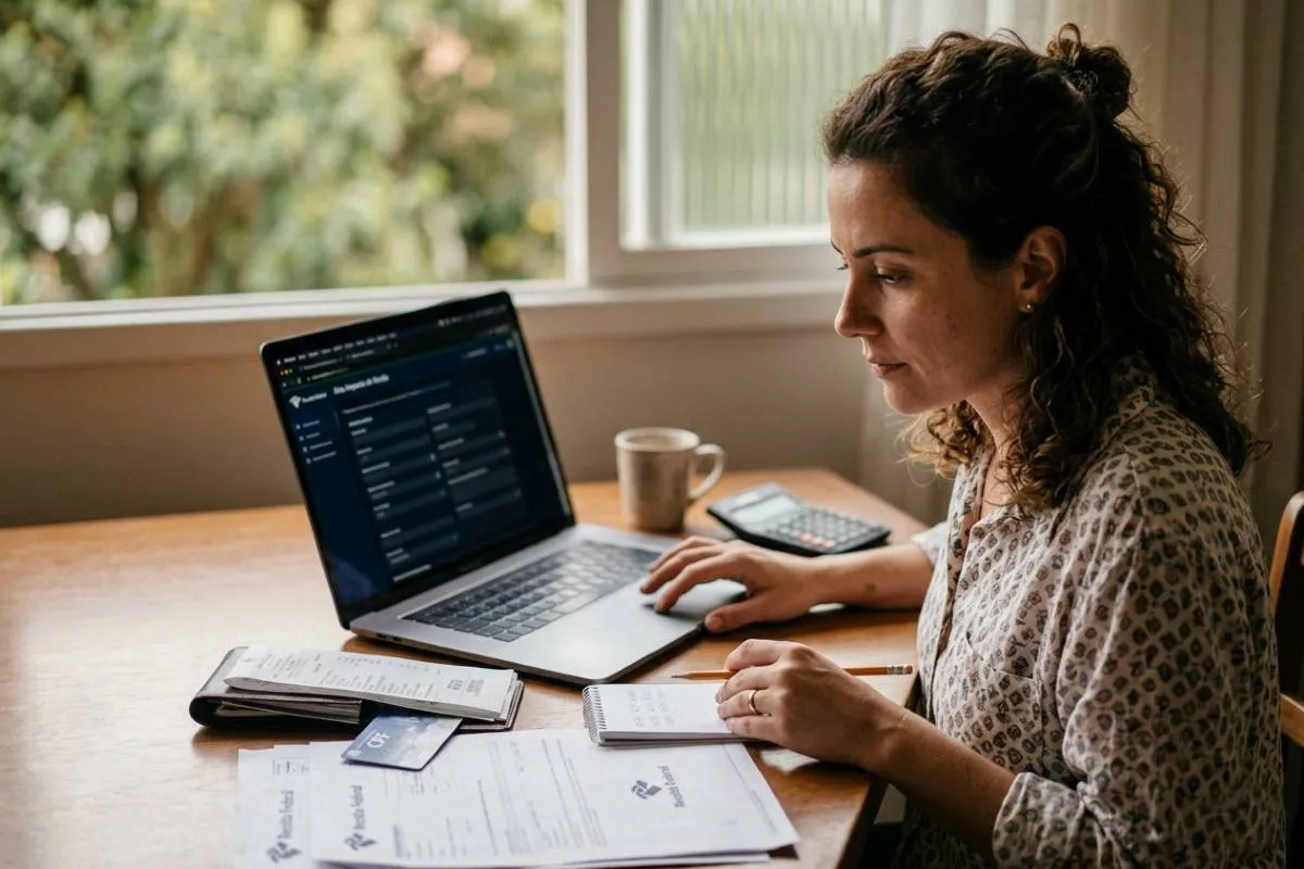 Uma mulher sentada em uma mesa de madeira, focada na tela de um notebook enquanto prepara sua declaração de Imposto de Renda. O ambiente é doméstico e iluminado por luz natural vinda de uma janela ao fundo. Sobre a mesa, além do notebook aberto em uma tela com formulários digitais (onde se lê "Receita Federal" e "Meu Imposto de Renda"), há diversos documentos fiscais em papel, recibos, um cartão CPF físico, uma calculadora, um caderno aberto com anotações e uma caneta na mão direita da mulher. Ela está com o cabelo preso em um coque despojado e veste uma blusa estampada. O cenário sugere o processo de organização e preenchimento da declaração