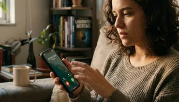 Uma jovem mulher com expressão hesitante e reflexiva segura um smartphone que está recebendo uma chamada em seu apartamento em São Paulo. O smartphone exibe "CHAMADA" na tela. Seus dedos pairam logo acima do botão de atender. Ela está em um ambiente doméstico aconchegante, sentado em um sofá com estantes e plantas borradas ao fundo. A iluminação é natural e suave.