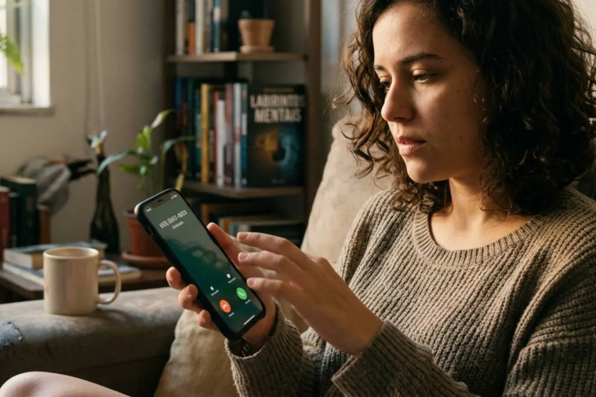 Uma jovem mulher com expressão hesitante e reflexiva segura um smartphone que está recebendo uma chamada em seu apartamento em São Paulo. O smartphone exibe "CHAMADA" na tela. Seus dedos pairam logo acima do botão de atender. Ela está em um ambiente doméstico aconchegante, sentado em um sofá com estantes e plantas borradas ao fundo. A iluminação é natural e suave.