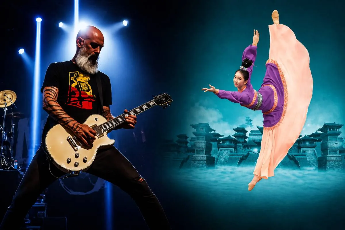 Imagem mostra um guitarrista e uma bailarina em uma montagem