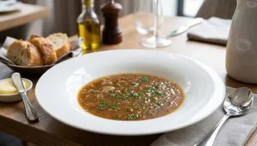 Uma fotografia de comida foca em um prato fundo de porcelana branca com sopa de cebola francesa, no centro. A sopa caramelizada é finalizada com uma pitada de cebolinha verde picada. O prato está colocado sobre uma mesa de madeira bem posta. À esquerda, há um pequeno prato com fatias de pão baguete e um ramekin de manteiga amolecida com uma faca de espalhar em cima. No centro, ao fundo, há galhetas de azeite e vinagre balsâmico e um moedor de pimenta de madeira. À direita, uma taça de vinho tinto cheia, um copo de água vazio e um jarro de cerâmica esbranquiçada sobre um guardanapo de linho cinza com uma colher de sopa de aço inoxidável em cima. A iluminação é suave e natural, vinda de uma janela à direita.