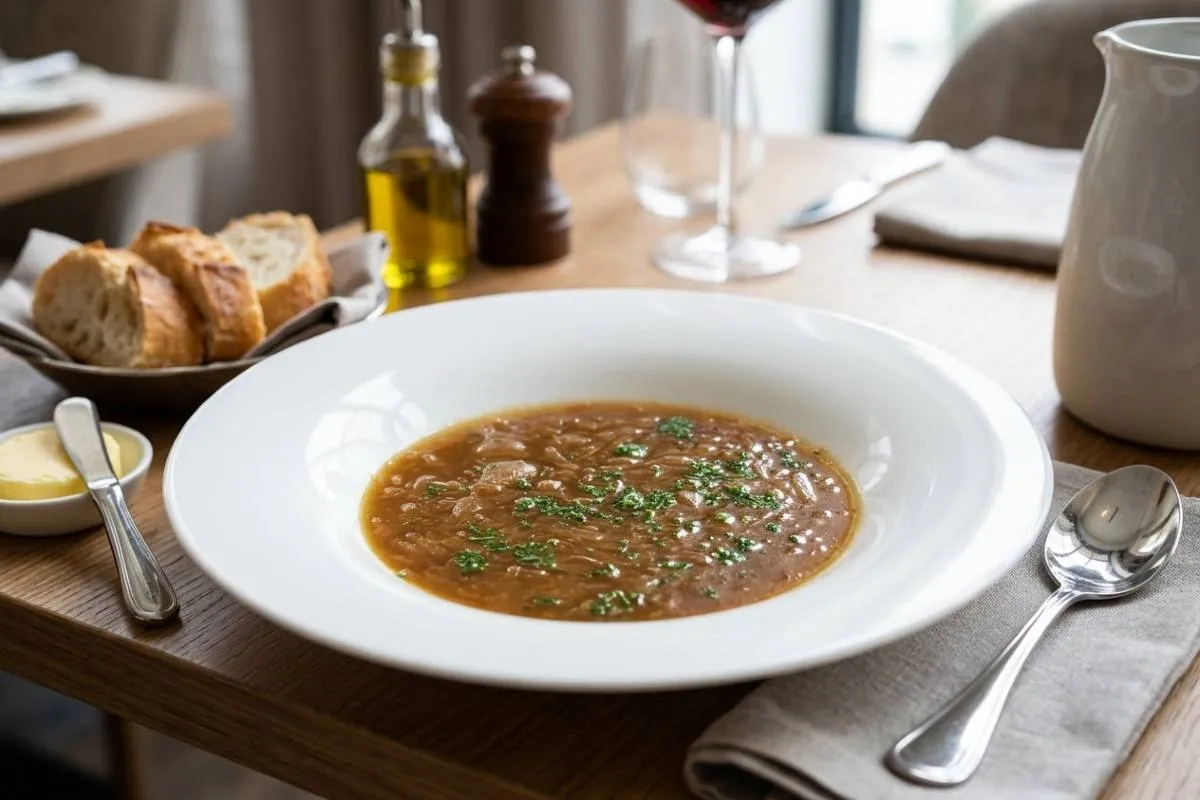 Uma fotografia de comida foca em um prato fundo de porcelana branca com sopa de cebola francesa, no centro. A sopa caramelizada é finalizada com uma pitada de cebolinha verde picada. O prato está colocado sobre uma mesa de madeira bem posta. À esquerda, há um pequeno prato com fatias de pão baguete e um ramekin de manteiga amolecida com uma faca de espalhar em cima. No centro, ao fundo, há galhetas de azeite e vinagre balsâmico e um moedor de pimenta de madeira. À direita, uma taça de vinho tinto cheia, um copo de água vazio e um jarro de cerâmica esbranquiçada sobre um guardanapo de linho cinza com uma colher de sopa de aço inoxidável em cima. A iluminação é suave e natural, vinda de uma janela à direita.