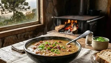 Uma fotografia em close-up de uma tigela de sopa quente e apetitosa sobre uma mesa de madeira rústica, coberta por um pano de linho. A sopa é de cor marrom claro, guarnecida com pinhões tostados, cubos de bacon crocante e cebolinha verde picada. Uma colher de metal com cabo martelado está mergulhada na tigela. Ao lado, há duas fatias de pão artesanal com miolo macio e casca dourada, um pequeno saleiro com pimenta preta moída e uma tigela de cerâmica com mais cebolinha picada. No fundo desfocado, à direita, um fogão a lenha de ferro fundido está aceso, com chamas e troncos de madeira visíveis. À esquerda, uma grande janela de madeira emoldura uma vista panorâmica de uma floresta de araucárias sob um céu nublado e encoberto, com a neblina matinal pairando entre as árvores. A luz natural suave vinda da janela ilumina a cena, criando uma atmosfera acolhedor e convidativa. A foto é capturada em um ângulo ligeiramente elevado.