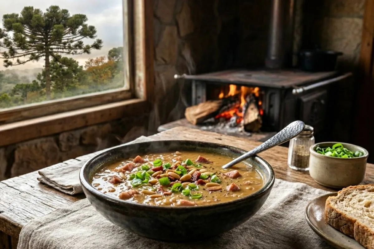 Uma fotografia em close-up de uma tigela de sopa quente e apetitosa sobre uma mesa de madeira rústica, coberta por um pano de linho. A sopa é de cor marrom claro, guarnecida com pinhões tostados, cubos de bacon crocante e cebolinha verde picada. Uma colher de metal com cabo martelado está mergulhada na tigela. Ao lado, há duas fatias de pão artesanal com miolo macio e casca dourada, um pequeno saleiro com pimenta preta moída e uma tigela de cerâmica com mais cebolinha picada. No fundo desfocado, à direita, um fogão a lenha de ferro fundido está aceso, com chamas e troncos de madeira visíveis. À esquerda, uma grande janela de madeira emoldura uma vista panorâmica de uma floresta de araucárias sob um céu nublado e encoberto, com a neblina matinal pairando entre as árvores. A luz natural suave vinda da janela ilumina a cena, criando uma atmosfera acolhedor e convidativa. A foto é capturada em um ângulo ligeiramente elevado.