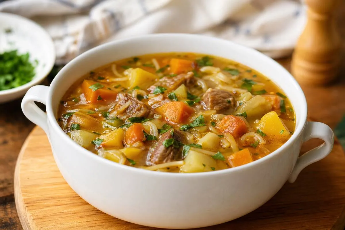 Imagem mostra uma saborosa sopa de legumes em um bowl branco.