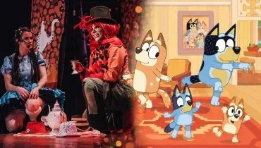 Imagem mostra duas das diversas atrações em Curitiba para a criançada: Alice no País das Maravilhas e "Bluey - Ao Vivo - Diversão em Família"