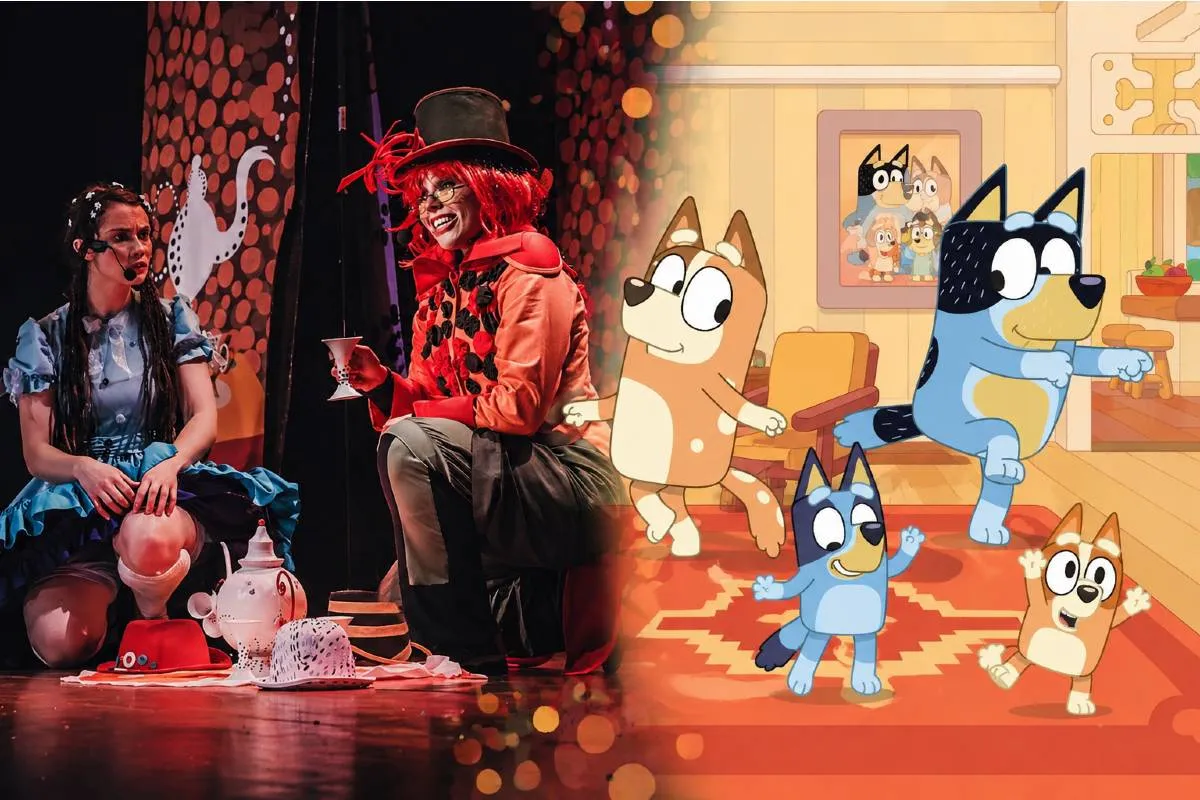 Imagem mostra duas das diversas atrações em Curitiba para a criançada: Alice no País das Maravilhas e "Bluey - Ao Vivo - Diversão em Família"
