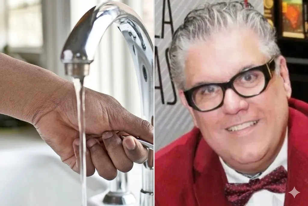 Imagem mostra uma montagem com a falta de água em cidades do Paraná e o jornalista Ruy Barrozo, que morreu aos 65 anos no Paraná.