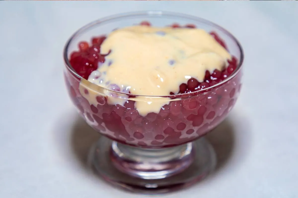 Imagem mostra um saboroso sagu com creme.