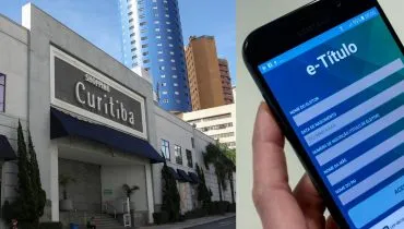 Imagem mostra uma montagem com a fachada de um shopping e uma pessoa no celular.