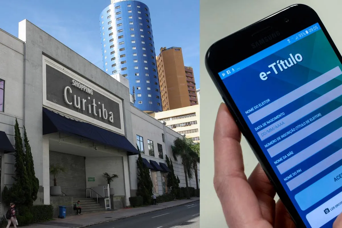 Imagem mostra uma montagem com a fachada de um shopping e uma pessoa no celular.