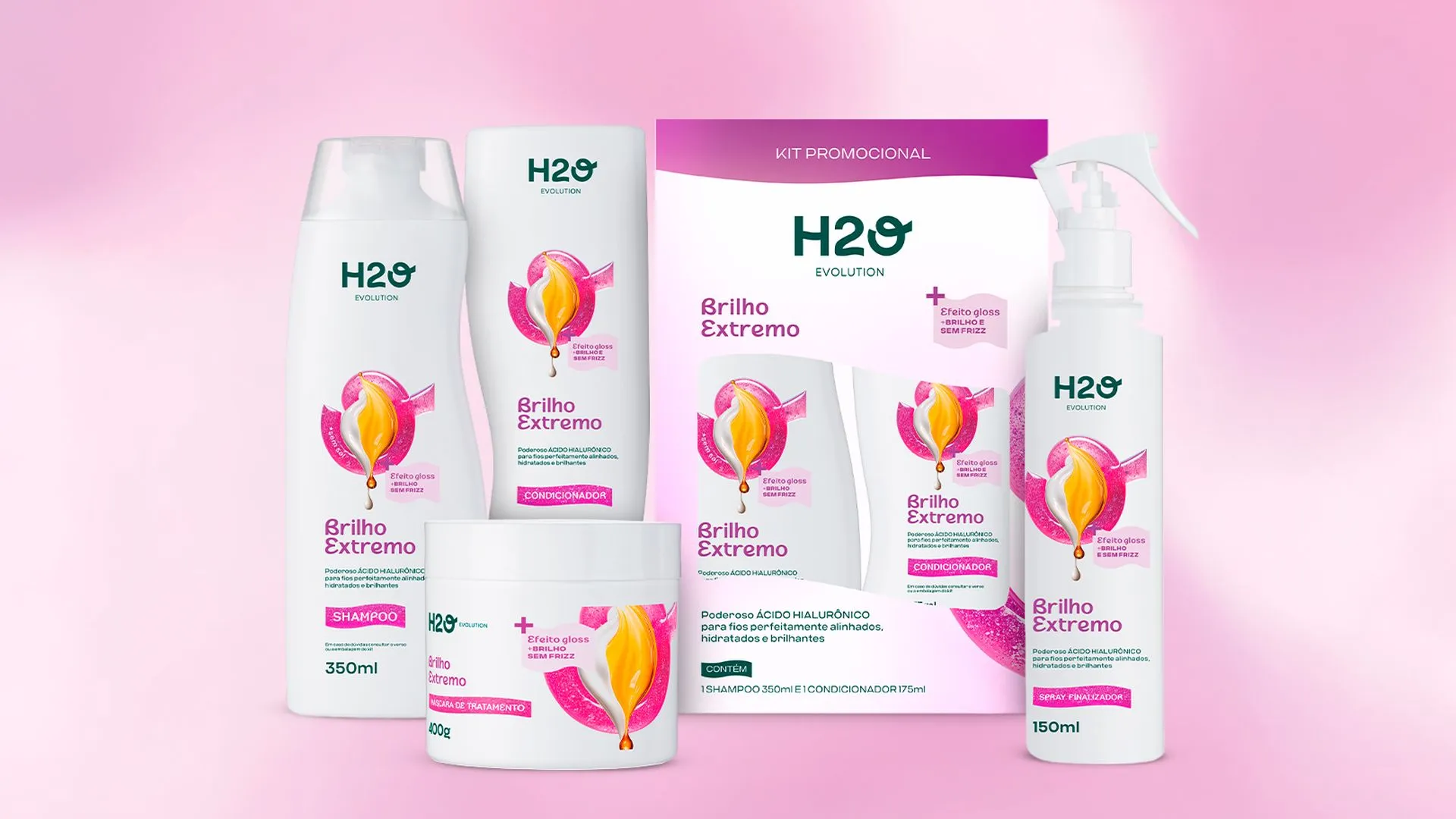 A linha Brilho Extremo, da H2O Evolution, foi criada para ajudar no alinhamento dos fios, controle do frizz e efeito de brilho intenso no dia a dia.