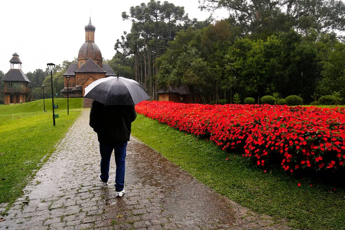 Imagem mostra uma pessoa com um guarda chuva em um parque.