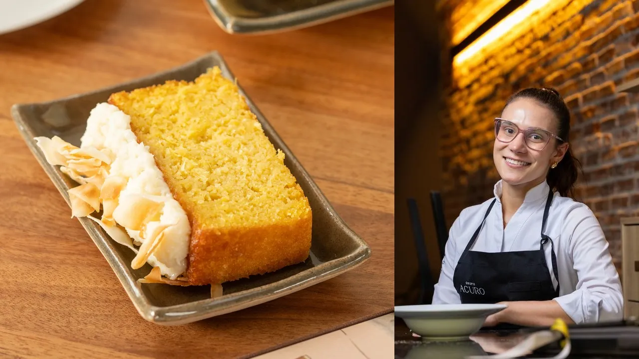 Bolo de milho com cobertura de cocada cremosa.