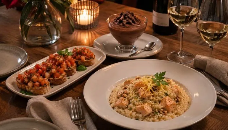 Bruschetta fresca, risoto cremoso e mousse de chocolate compõem um menu intenso e sofisticado para o Dia dos Namorados