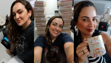 Letícia em momentos diferentes de sua rotina como empreendedora: cobrança excessiva por presença nas redes sociais causou burnout na designer.