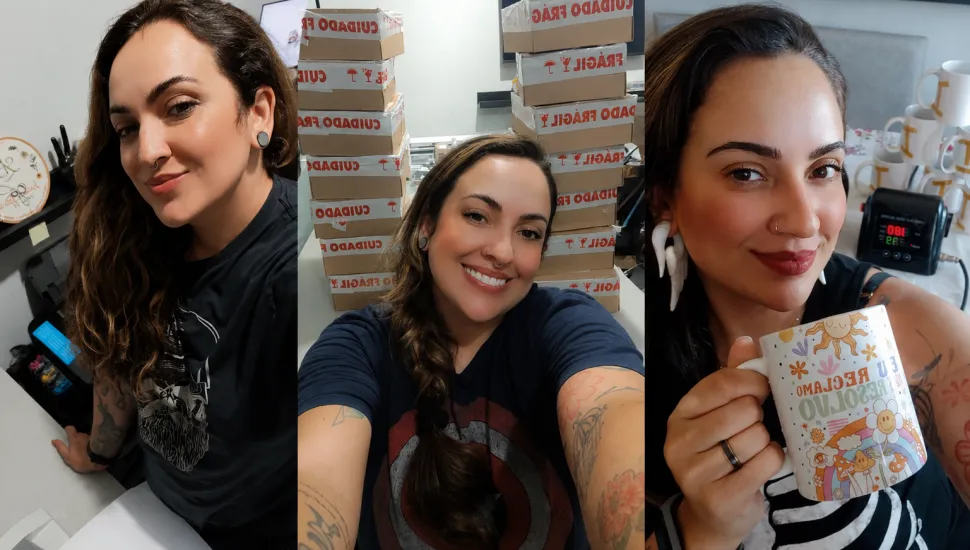 Letícia em momentos diferentes de sua rotina como empreendedora: cobrança excessiva por presença nas redes sociais causou burnout na designer.