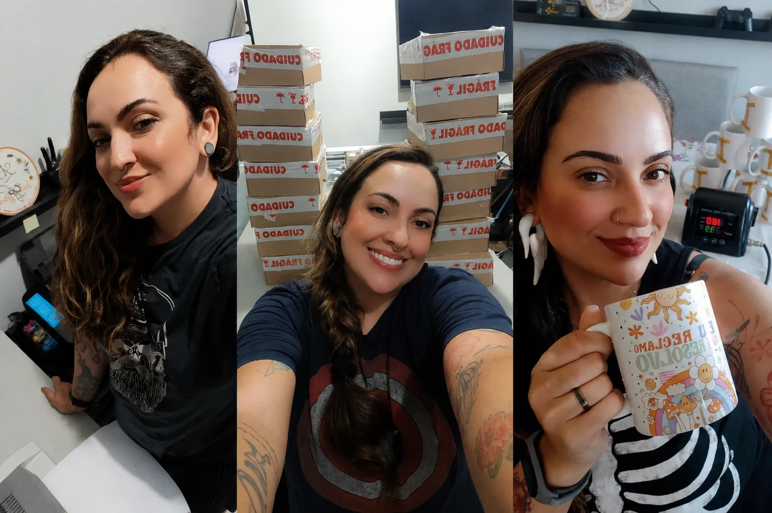 Letícia em momentos diferentes de sua rotina como empreendedora: cobrança excessiva por presença nas redes sociais causou burnout na designer.