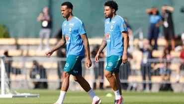 Gabriel Magalhães e Éderson no treino da Seleção Brasileira no CT Columbia Park, em Nova Jersey.