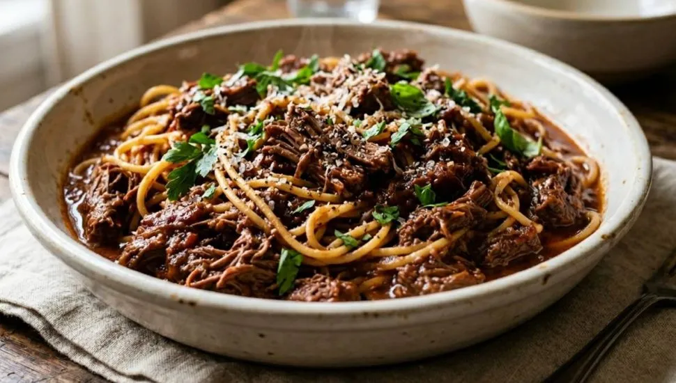 Uma travessa rústica de cerâmica clara cheia de macarrão espaguete envolto em um molho de tomate denso, escuro e abundante. No topo da massa, há pedaços generosos de carne de panela desfiada e macia, salpicados com queijo ralado e folhas frescas de salsinha. A travessa está sobre uma mesa de madeira rústica com um garfo ao lado.